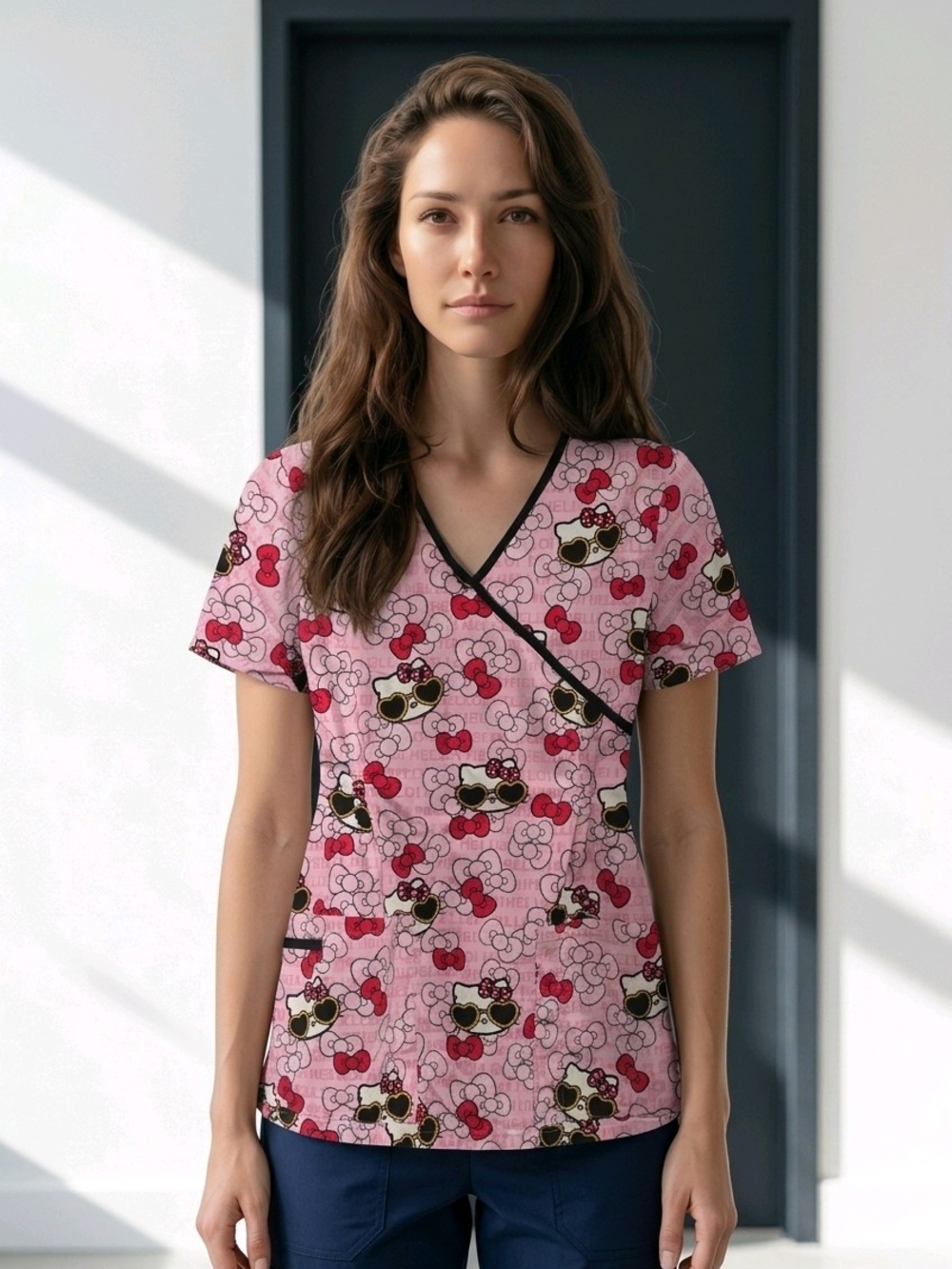 Sanrio Hello Kitty Pink Scrub Top, All-Over Cartoon print w/Hello Kitty L EUC